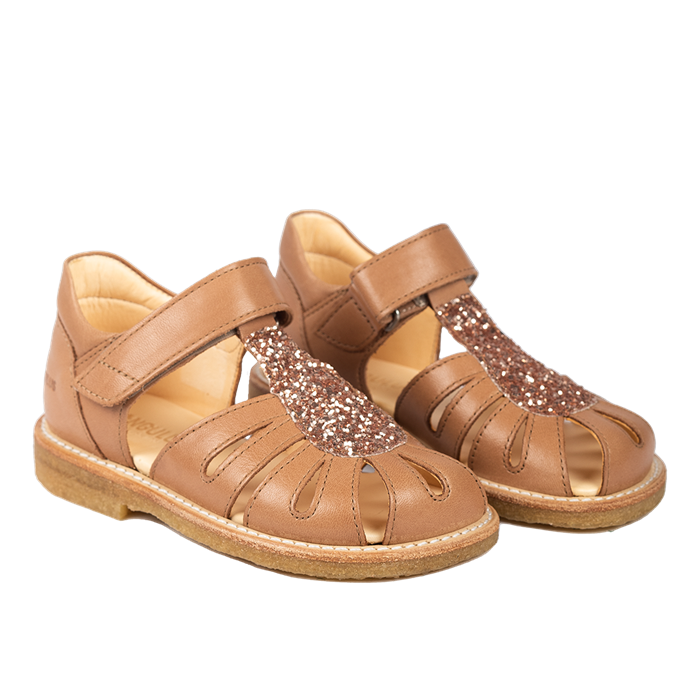 Angulus sandal med lukket tå og velcro (normal til bred pasform) - Almond/Maple Glitter