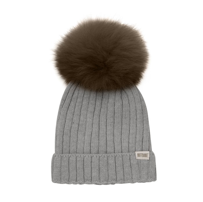 Huttelihut knit hat w/alpaca pompoms - Medium Grey Melange