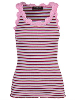 Rosemunde ikoniske Babette silketop med blonder - Mix multi stripe