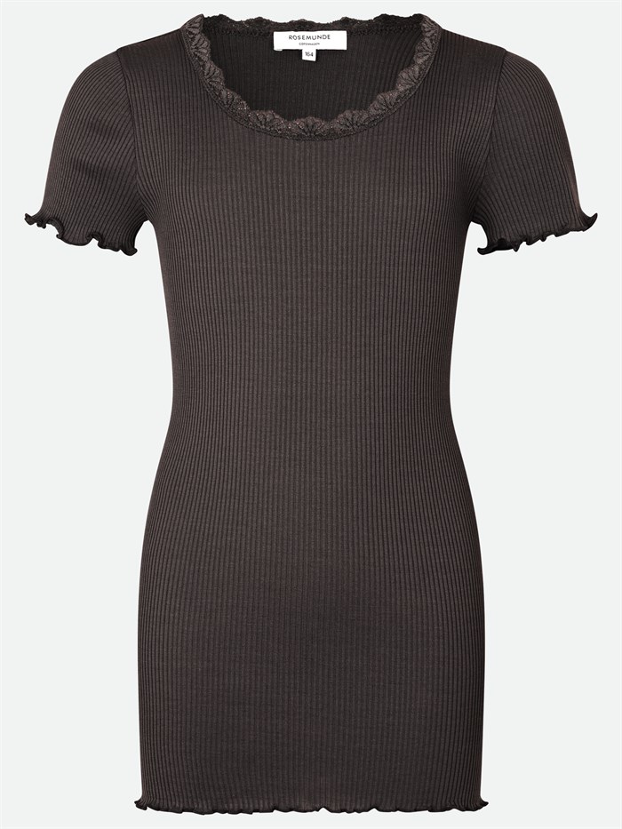 Rosemunde Silk t-shirt regular w/ lace - Dark espresso